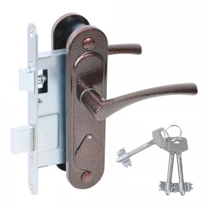 Замок врезной сувальдный с защёлкой в комплекте с ручкой ЗВ9.2-07 (медь антик), 3 кл.